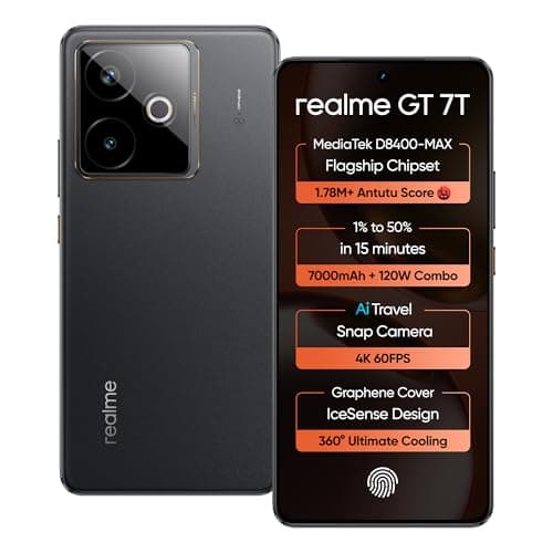 realme GT 7T (IceSense Black,12GB+512GB) | MediaTek D8400 MAX | Strongest Battery Combo 7000mAh + 120W | AI 4K 60FPS Travel Camera | 360 Cooling IceSe...