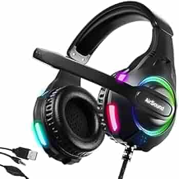 AirSound Alpha-5 Stereo Gaming Headset for Noise Cancelling Over-Ear Headphones with Mic, RBG LED, Bass Surround, Soft Memory Earmuffs for All Laptop