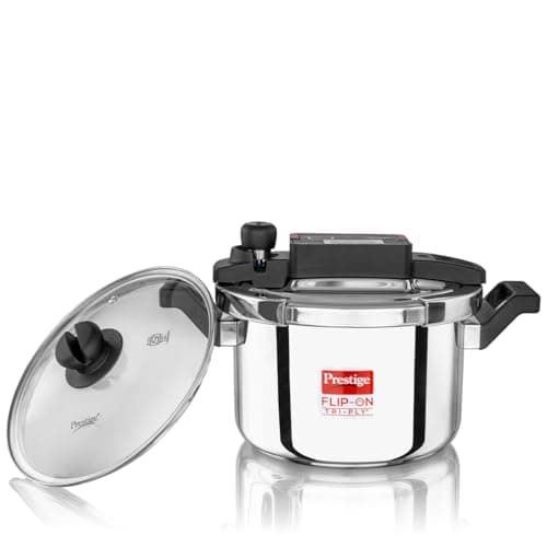 Prestige FLIP-ON TRI-PLY Stainless Steel Pressure Cooker with Glass Lid 22cm(5L, Silver and Black, Innovative Lock Lid with Spillage Control)
