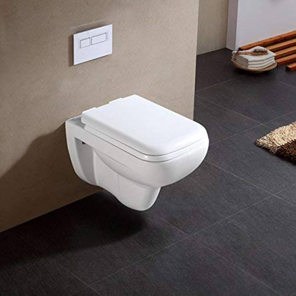 InArt Ceramic Wall Mounted, Wall Hung, Western Toilet, Commode, Square Water Closet with Slow Motion Soft Close Seat Cover P Trap Outlet is from Wall