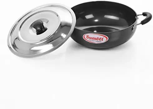 Sumeet 3 mm Hard-anodized Aluminium Deep kadhai with S.S Lid. No.-11, 20.5 cm Dia, 1.5 L Capacity, Black