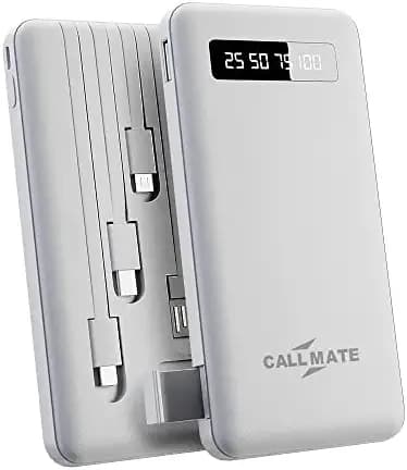CALLMATE DX08 Holder Portable Charger, 10000 mAH Li-Polymer Semi Digital Display Power Bank with inbuilt 4 in 1 Cable USB Input Port- White