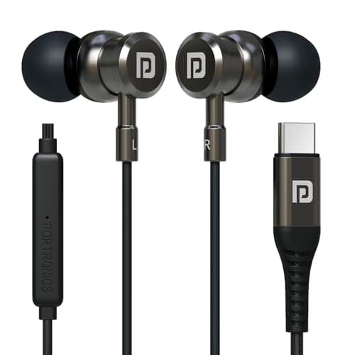 Portronics Conch Tune C in Ear Type C Wired Earphones with Mic,10mm Driver, 1.2m Nylon Braided Anti Tangle Wire, in line Controls, Metal Alloy Body, Wide Compatibility(Grey)
