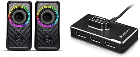 ZEBRONICS Zeb-Warrior 4, 2.0 Speaker for PC, Laptops, Desktop with 5 RGB Light Modes, Volume Control Pod & Zeb-100HB 4 Ports USB Hub for Laptop, PC Computers, Plug & Play, Backward Compatible - Black