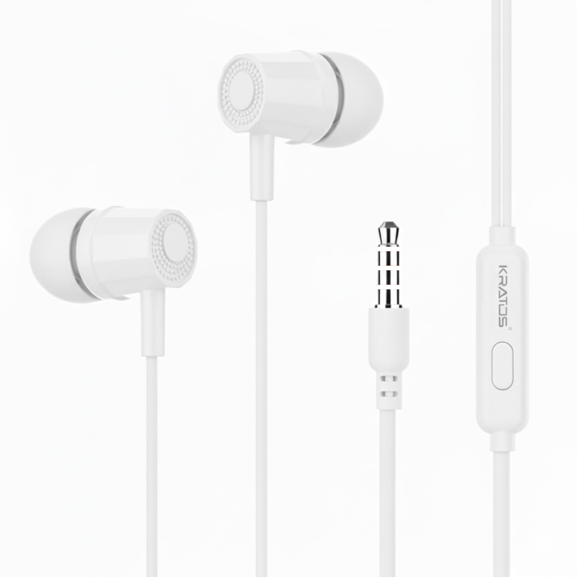Kratos E02 White Wired Earphones with 3.5mm Jack in-line Mic Control for Clear Calling & Music, Multi-Functional Controller,Sweat Resistant,Comfort Fit Wired Ear Phones,Compatibility with All Mobiles