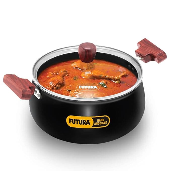 FUTURA Hawkins 4 Litre Cook n Serve Handi with Glass Lid, Hard Anodised Biryani Handi, Utensil, Black (ACH40G) Sauté Pans