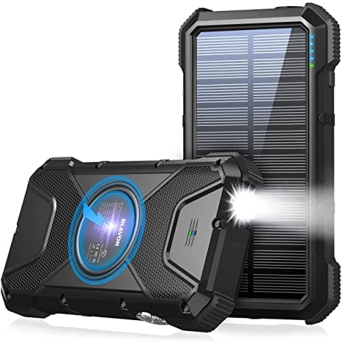 BLAVOR Solar Charger Power Bank 18W, QC 3.0 Portable Wireless Charger 10W/7.5W/5W with 4 Outputs & Dual Inputs, 20000mAh External Battery Pack IPX5 Waterproof with Flashlight & Compass (Black)