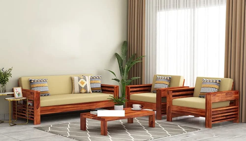 Teak Wood Sofa Set 5 Seater Living Room | Five Seater Sofa Set | Sheesham Wood Sofa Set Home Office Furniture | Without Pillow | Wooden Sofa 5 Seater Set 3+1+1 | Honey Finish