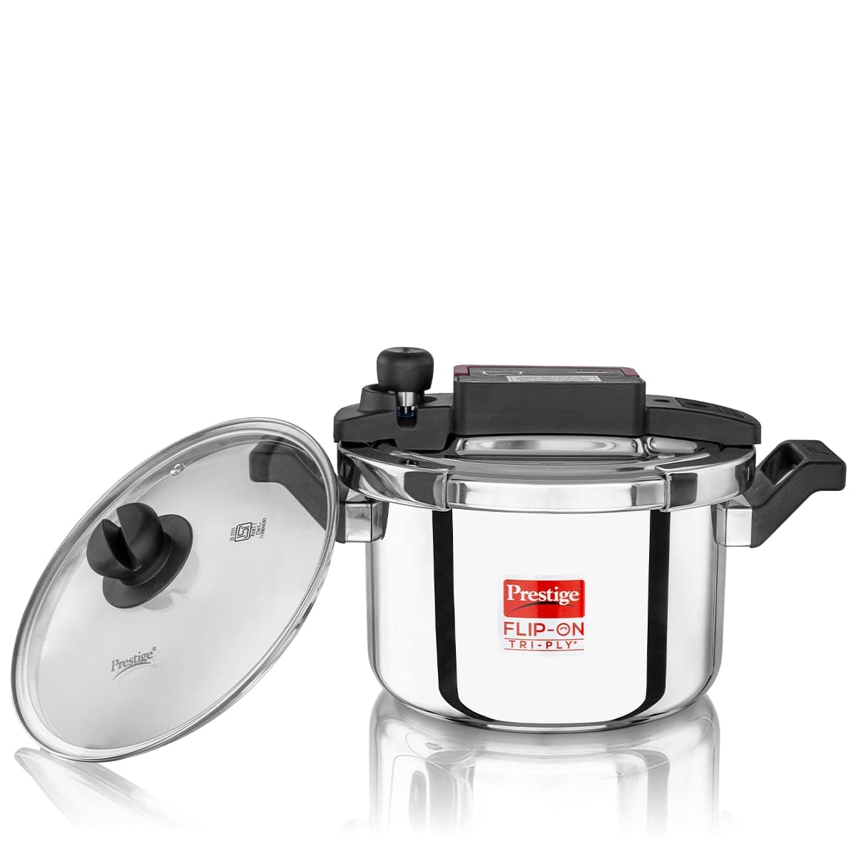 Prestige FLIP-ON TRI-PLY Stainless Steel Pressure Cooker with Glass Lid 22cm(5L, Silver and Black, Innovative Lock Lid with Spillage Control)