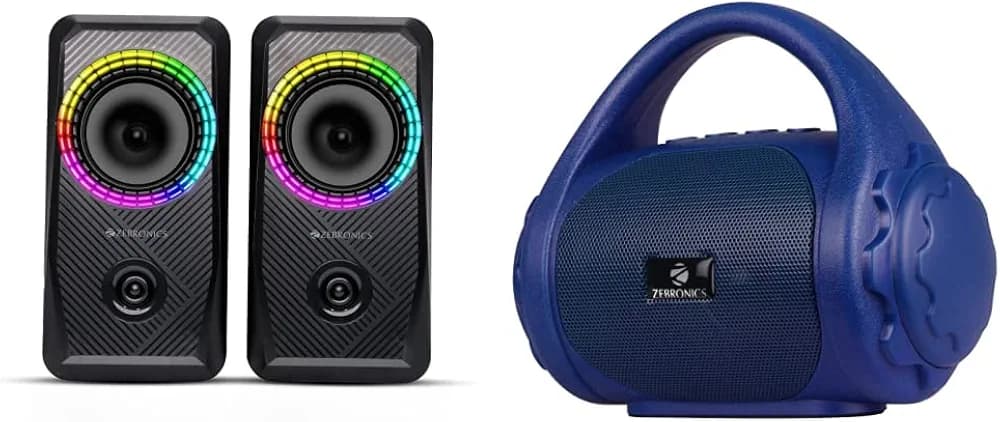 ZEBRONICS Zeb-Warrior 4, 2.0 Speaker for PC, Laptops, Desktop with 5 RGB Light Mod & Zeb-County 3W Wireless Bluetooth Portable Speaker with Supporting Carry Handle, USB, SD Card, AUX