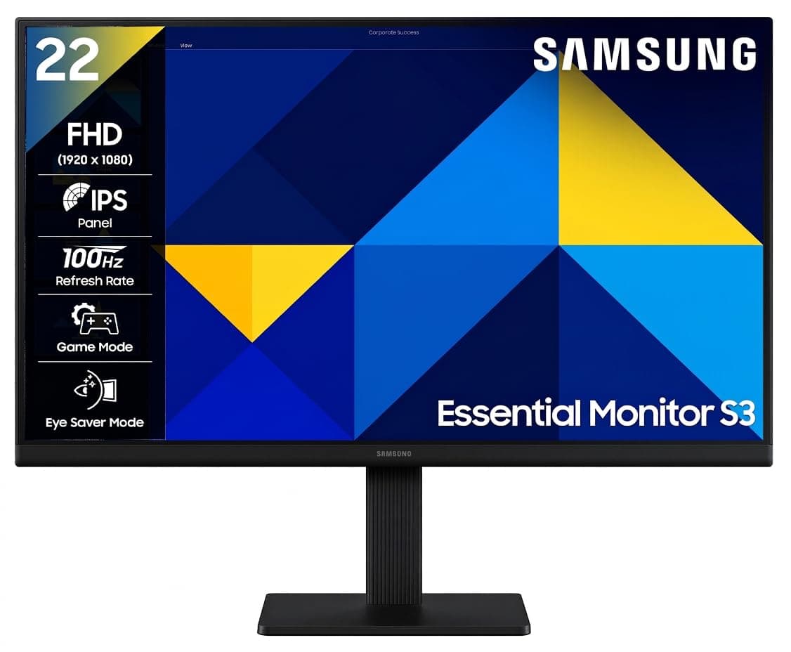 Samsung Essential Series S3 Flat Monitor 22 Inch (54.6 cm) FHD (1,920 x 1,080 Resolution), 100 Hz, IPS Panel, 5ms(GTG), D-Sub, HDMI (LS22D300GAWXXL, B...