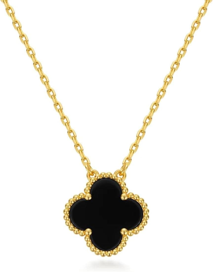 SALVE Van Cleef Inspired Black Clover Small Pendant Necklace for Women | Stainless Steel Korean Chain for Girls | Aesthetic Accessories Western Jewell...