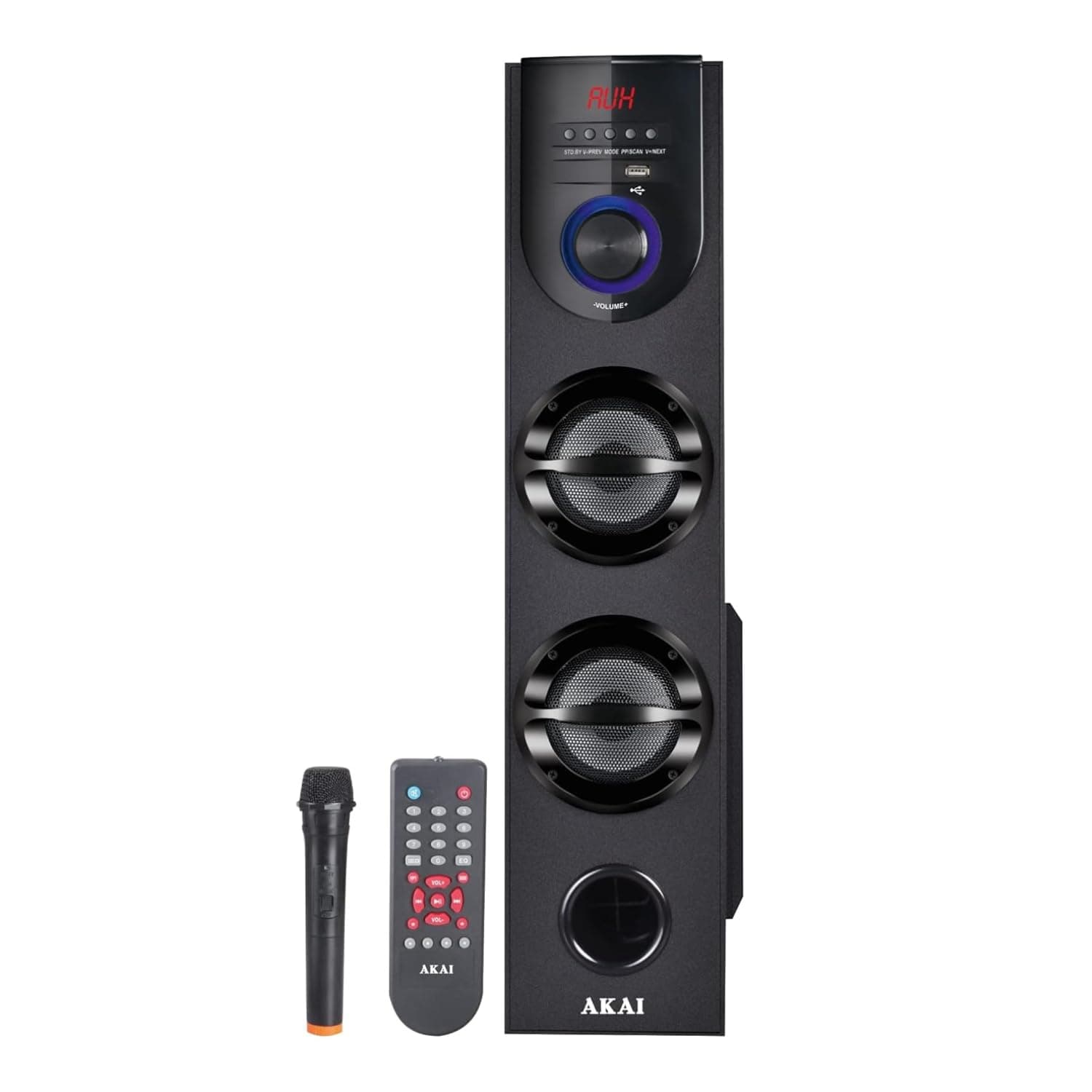 Akai HA-TS60 60W Bluetooth Tower Speaker Wooden Cabinet 5.25" Subwoofer, 4.0" Dual Mid Range Speaker Full Control Remote Led Display USB FM Party Speaker Home Theatre Extreme bass Karaoke Support with Wireless Mic.