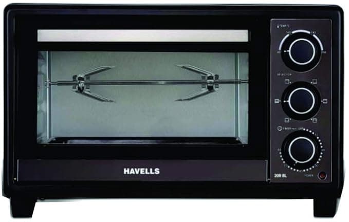 Havells OTG 28R BL - 28 Litre 1200 Watt With 60 min timer, Rotisserie, Inner Lamp, Toughened Double Glass Door, 6 Heating Modes, 4 Skewer rods, Enamel