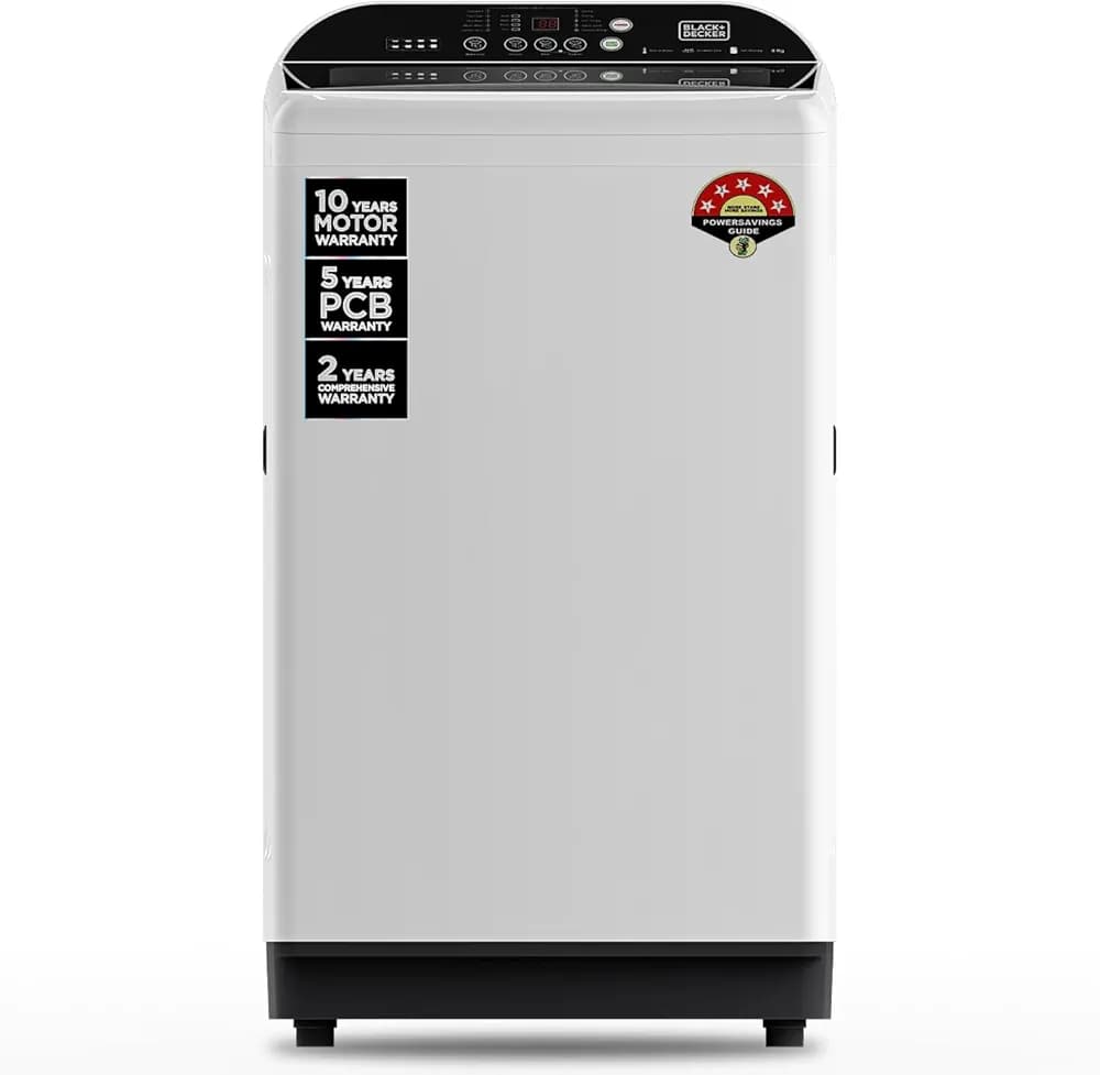 BLACK+DECKER 7.5 Kg 5 Star Fully-Automatic Top Loading Washing Machine(2023 Model, BXWD01175IN, White, In-Built Heater, BLDC Motor Drive)