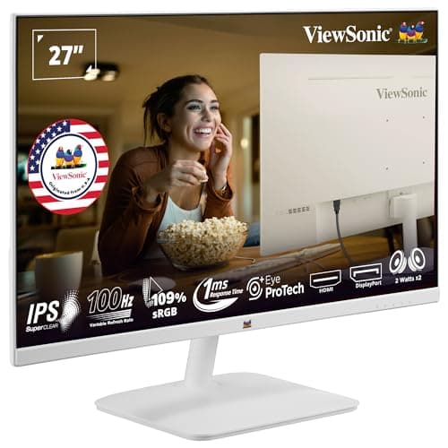 ViewSonic (from USA) 27" Inch White Monitor Full HD IPS | 100Hz | 1ms | 2X2W Speakers | EyeProtech+ | Win. & mac OS Tested | VESA Compatable | Tilt-5 ...