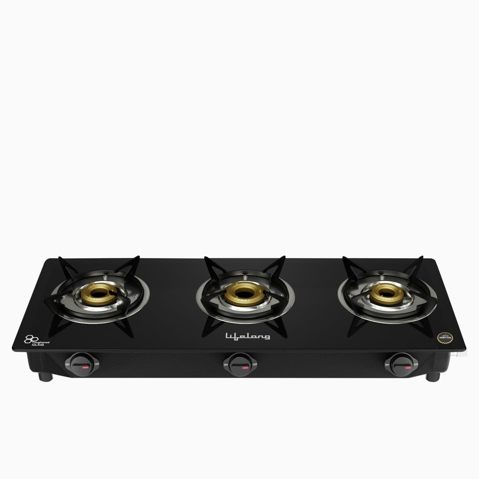 Lifelong LLGS803 Auto Ignition, High Efficiency 3 Burner Gas Stove with Toughened Glass Top, ISI Certified, Automatic Ignition, For LPG Use Only (Black)
