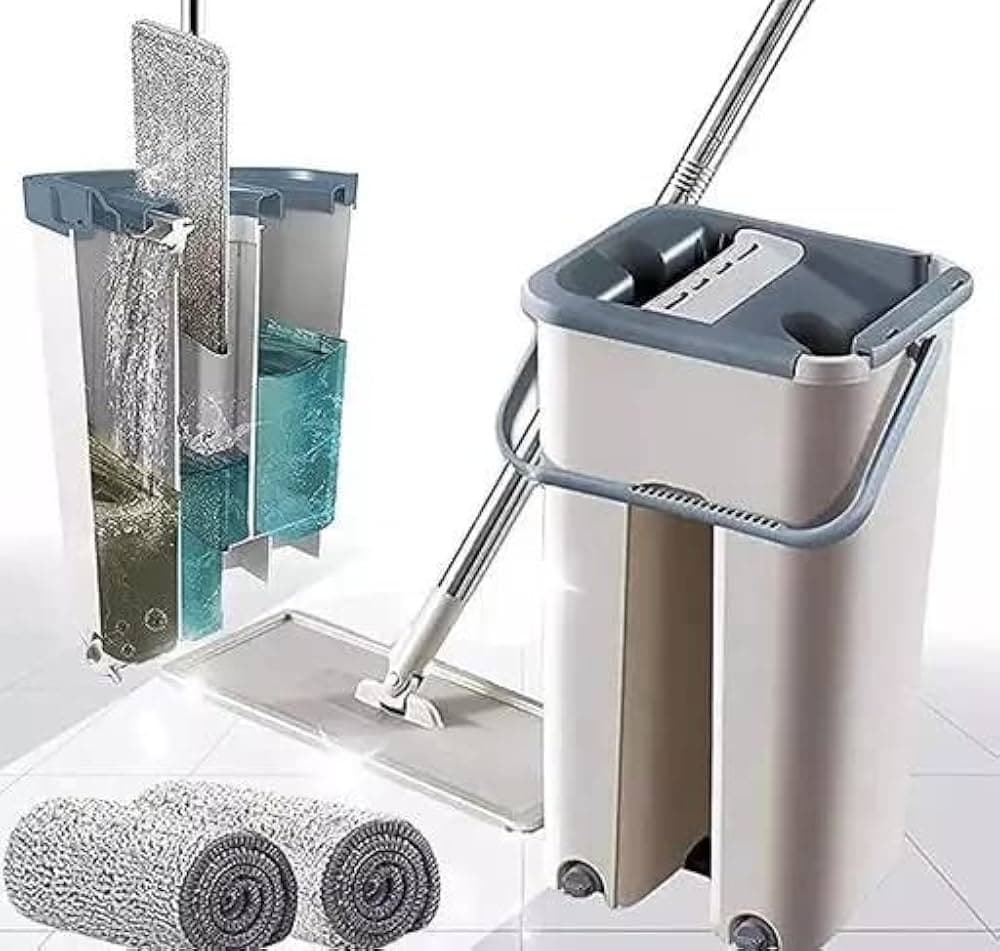 Floor Mop and Bucket Set, Flat Mop Bucket System Flexible Mop Head 2 Reusable Microfiber Pads Home Hardwood Floor Mop Bucket with Wringer Extended Stainless Steel Handle Mop for Wood