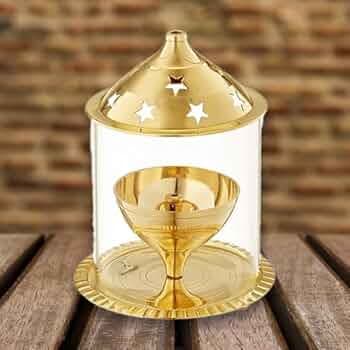 HICKORY Brass Diya for Pooja with Adjustable Bati and Borosilicate Glass Cover Traditional Akhand Jyoti Diya for Diwali, Navratri, and Spiritual Home...