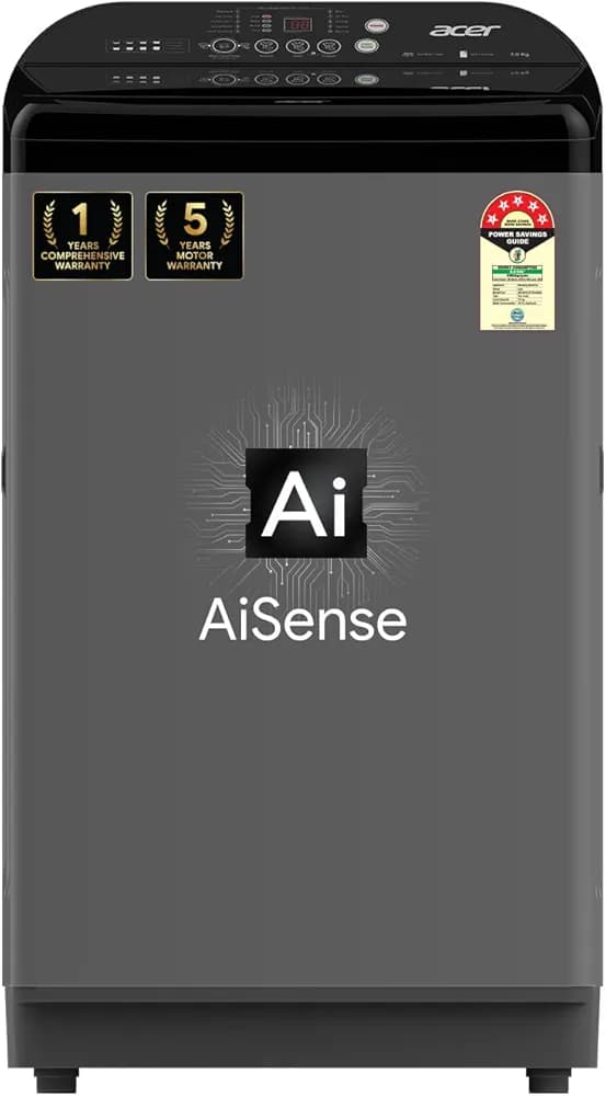 Acer 7.0 Kg Quad Wash Series Fully-Automatic Top Load Washing Machine (AiSense, HelixFlow Pulsator, Pro-Foam Tub, 5 Star Energy Rating, CareTec Wash, AR70FATLP1EC, 2023 Model, Grey)
