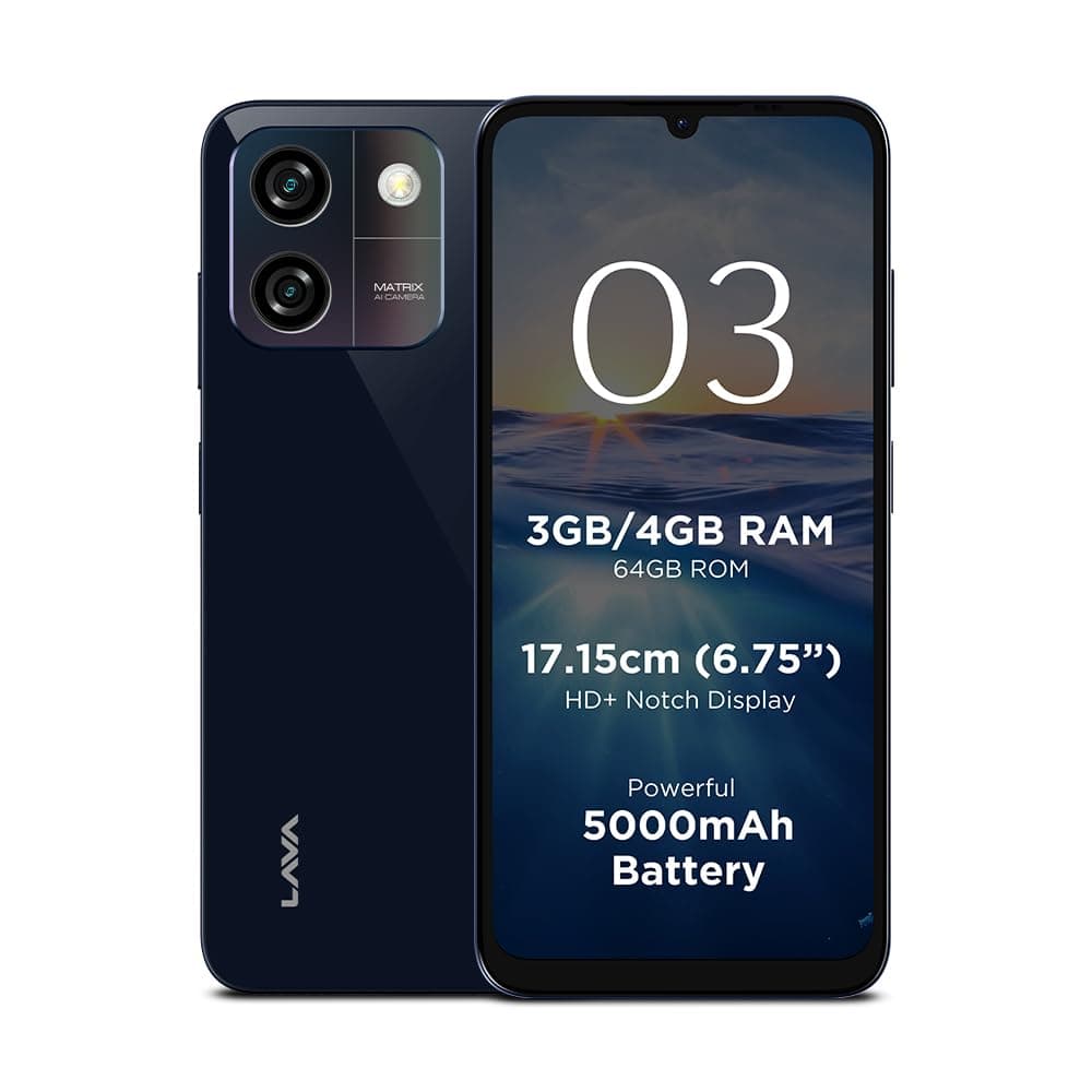 Lava O3 (Glossy Blue, 3 GB RAM, 64 GB Storage) | Biggest 6.75" HD+ Display | 13MP AI Dual Rear Camera | 5000 mAh Battery | Secure Face Unlock | Finger...