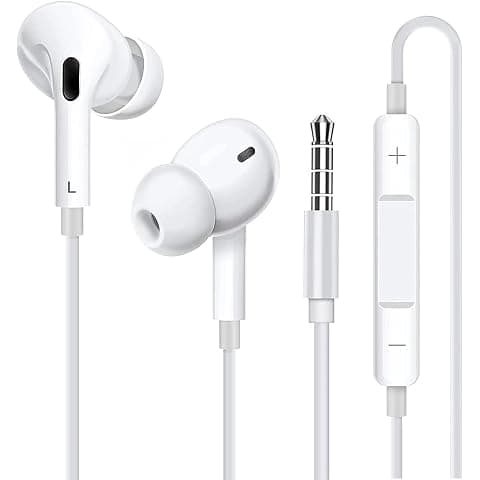 BIGASUO Earphones, HiFi Sound Quality, Calling, Wired Earphones, 3.5mm Jack, Volume Adjustment, Deep Bass, No Delay, Remote Control, Clear Calls, Noise-Free, in-Ear (Pearl White)