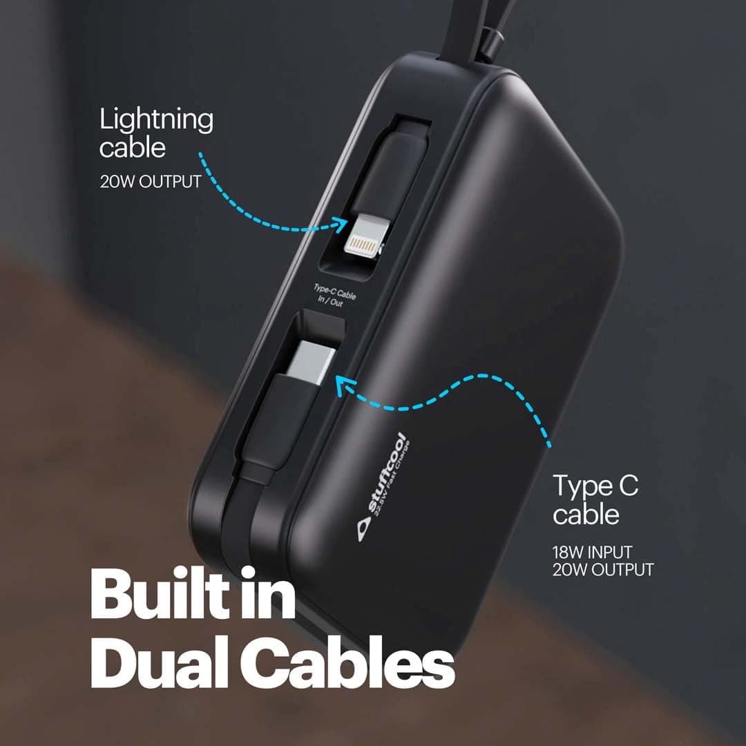 Stuffcool Maverick Mini 20,000mAh Powerbank with 20W Built-in Lightning & Type-C Cables, 22.5W USB-A Fast Charging for iPhone, Samsung, Pixel, OnePlus...