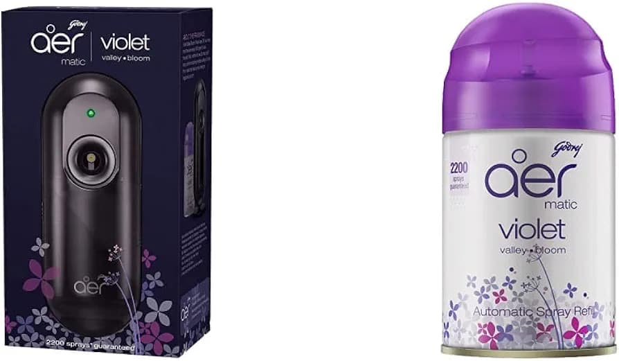 Godrej Aer Matic, Automatic Air Freshener Kit With Flexi Control - Violet Valley Bloom (225 Ml) And Automatic Air Freshener Refill Pack - Violet Valley Bloom (225 Ml)