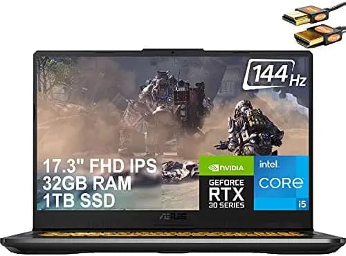 ASUS TUF Gaming F17 Laptop 17.3" FHD 144Hz IPS Display 11th Gen Intel 6-Core i5-11260H (Beats i7-8750H) 32GB RAM 1TB SSD GeForce RTX 3050 Ti 4GB RGB Backlit Keyboard USB-C WiFi6 Win10 + HDMI Cable