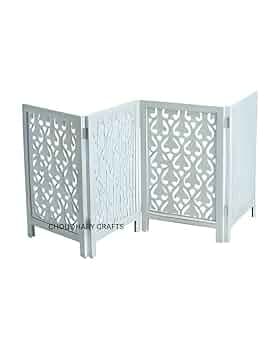 CHOUDHARY Crafts Decorative White Wooden Room Divider Screen, 4-Panel Folding Privacy Screen with Floral Cutout Pattern