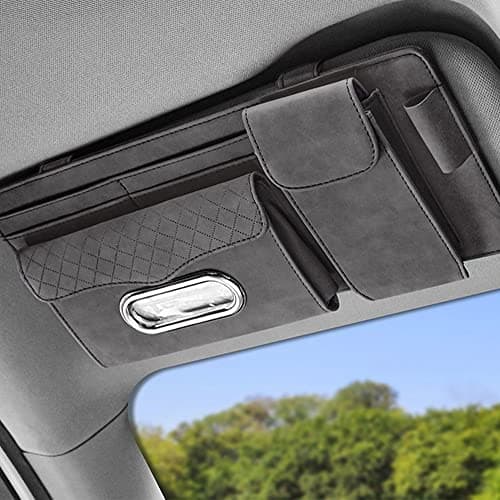 Automaze Suede Sun Visor Organizer Tissue Napkin Box Holder, with Sunglass Holder, Card Slot, Pen Holder (Gray)