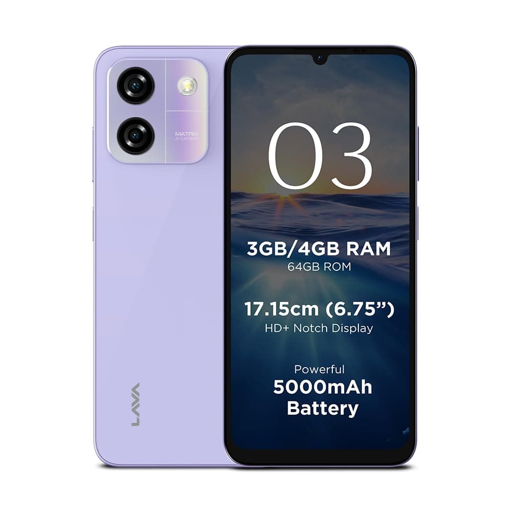 Lava O3 (Glossy Lavender, 4+4*GB RAM, 64GB Storage) |Octa Core Processor |6.75 inch HD+ Display |13MP AI Dual Rear Camera |5000 mAh Battery |10W Charg...