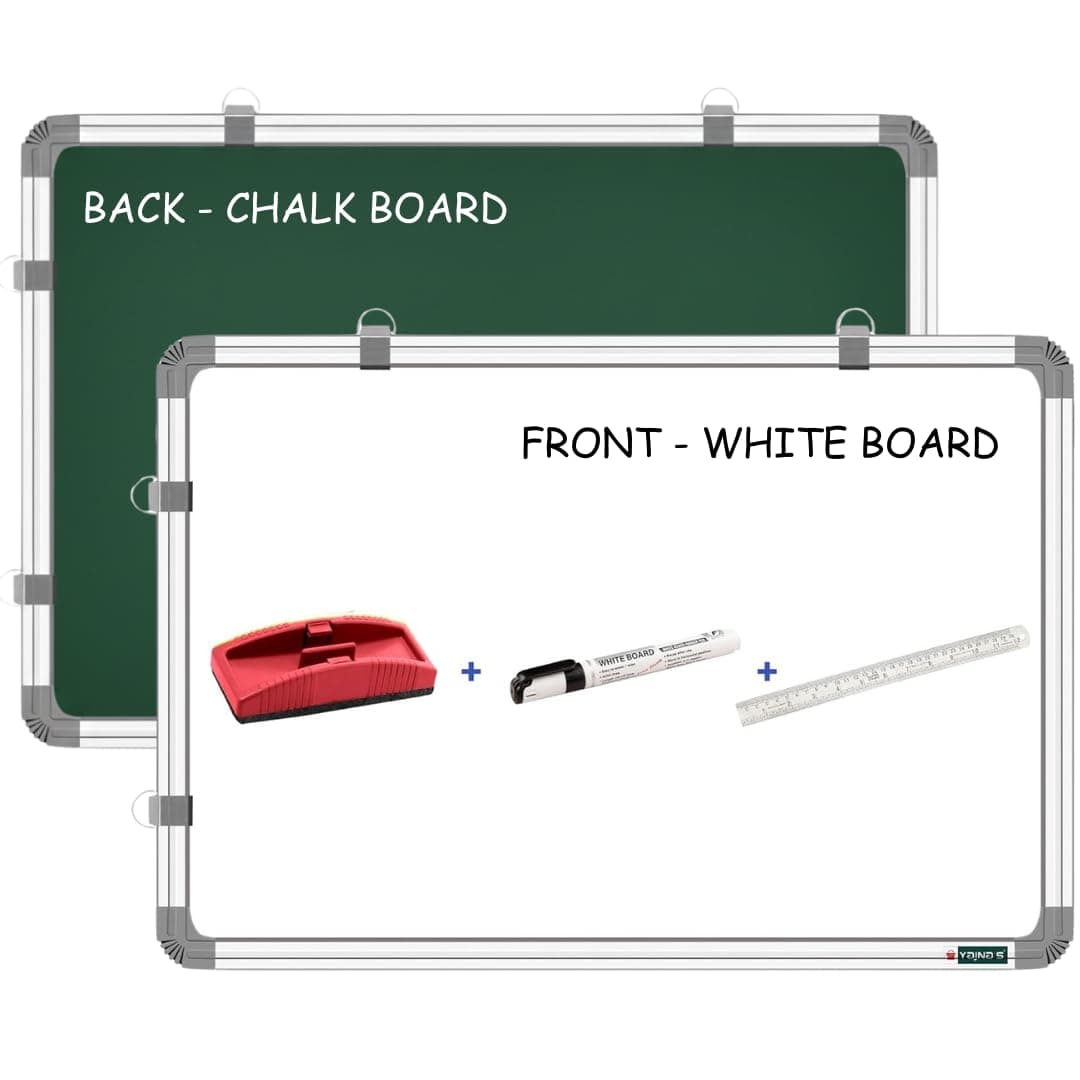 YAJNAS Non Magnetic Double Sided White Board and Chalk Board, One Side White Marker and Reverse Side Green Chalk Board Surface - Pack of 4 Items (One 2x3 feet Board + 3 Items)