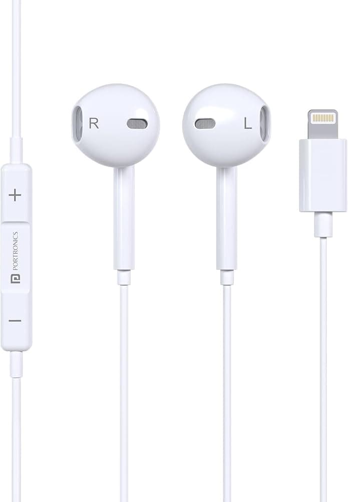 (Refurbished) Portronics Conch 40 in-Ear Wired Earphone with 8-Pin Charging Port, Powerful Audio, Built-in Microphone, Tangle Resistant Cable(White)
