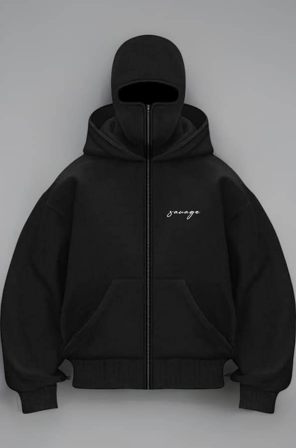 BE SAVAGE Balaclava Zipper Hoodie for Men 400 GSM Heavyweight Ninja Hoodies for Men