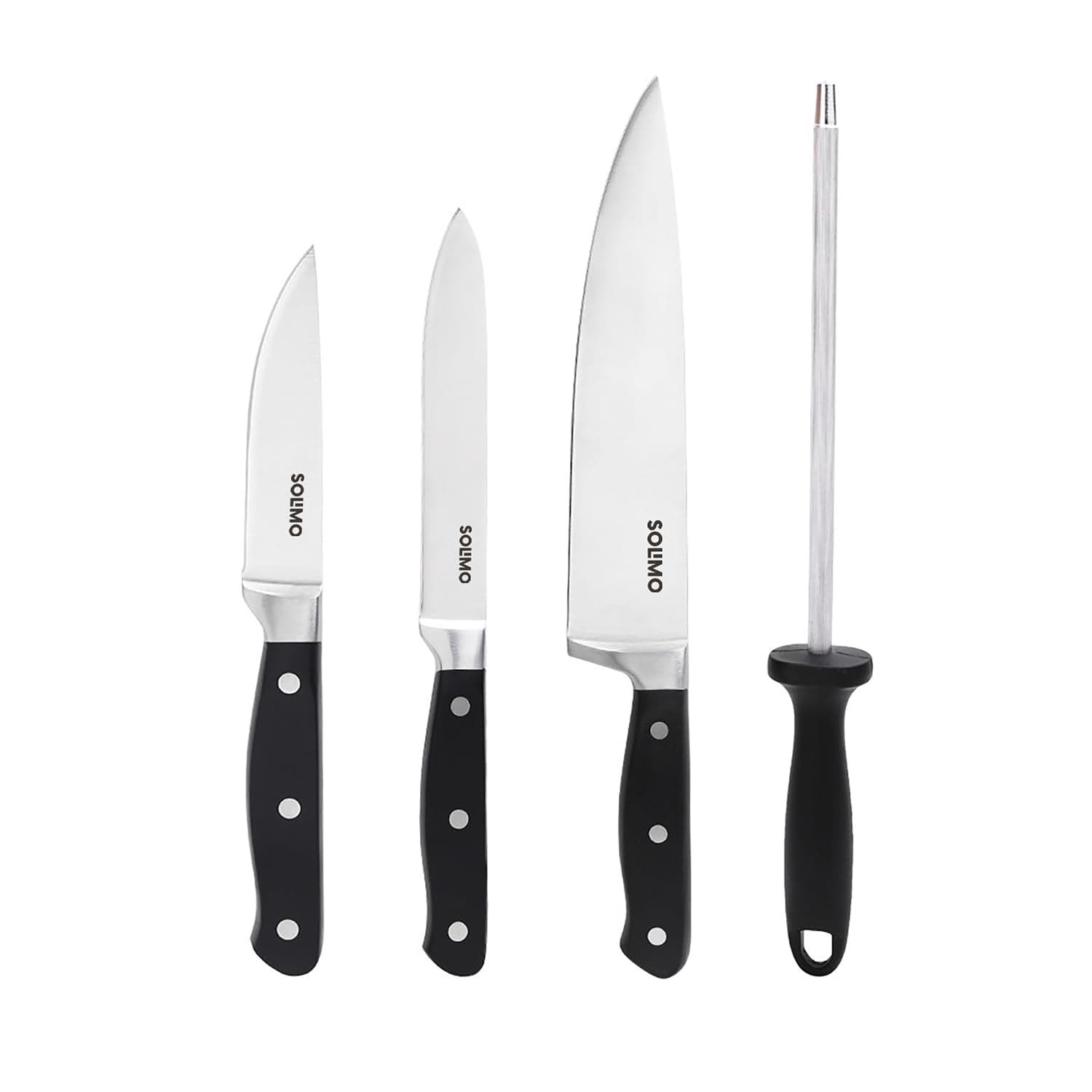 Amazon Brand - Solimo Premium High-Carbon Stainless Steel Kitchen Knife Set, 4-Pieces (with Sharpener), Silver Kitchen Knife Sets