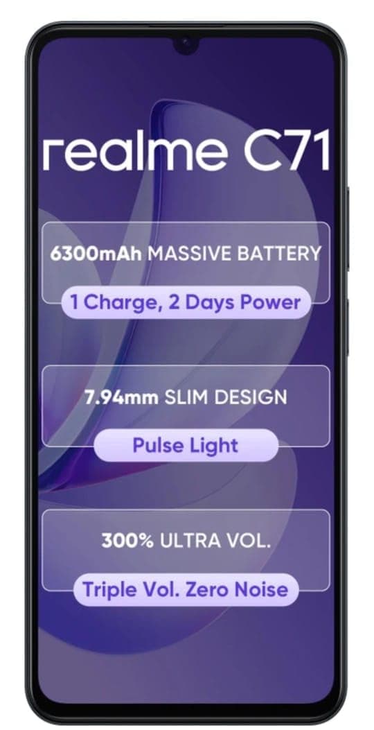 realme C71 4G Smartphone 4GB+64GB Black,6.745 inch Screen, 90Hz Eye Comfort Display, 6300mAh Battery, 37MP Cameras, Unisoc T7250 Chip, IP54