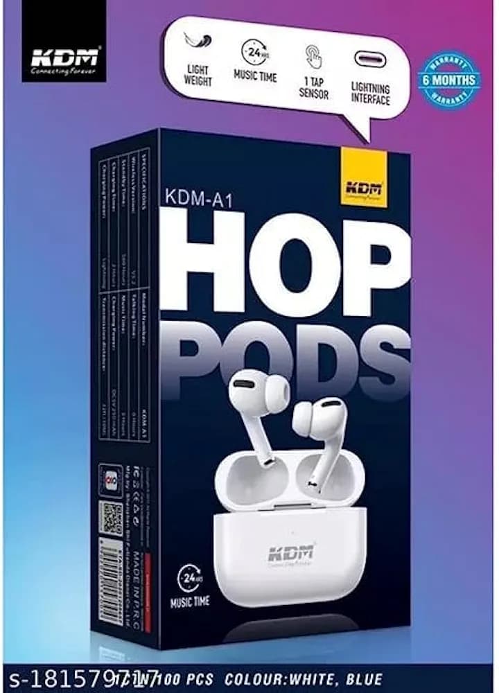 Earbuds Bluetooth Hop Pods KDM A1 Bro pods Earbuds in Get a Free Silicon Hop Pods Cover | Raqeeb Group (White)