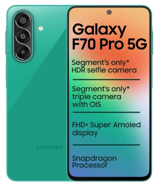 Samsung Galaxy F70 Pro 5G (Aura Green, 128 GB) (6 GB RAM) | 6000 mAh Battery | 6.7" FHD+ Super AMOLED Display | Dimensity 6300 | Oualcomm Octa Core Pr...