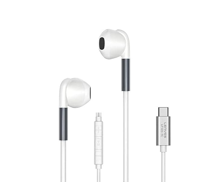 Lenyes LF105 Wired Earphones with 1.2m Cable, 14mm Drivers, Type-C, Inline Mic & Remote, Hi-Fi Sound(White)