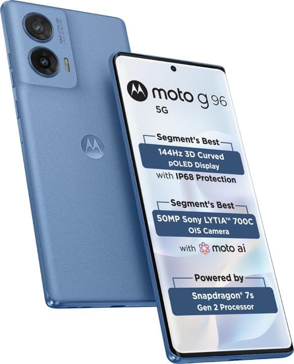 Motorola G96 5G (Pantone Ashleigh Blue, 8GB RAM, 256GB Storage) | 144Hz Curved pOLED Display | 50 MP OIS LYT‑700C + 8 MP Ultra‑Wide + 32 MP Selfie | Snapdragon 7s Gen 2 | Android 15 | 5500 mAh