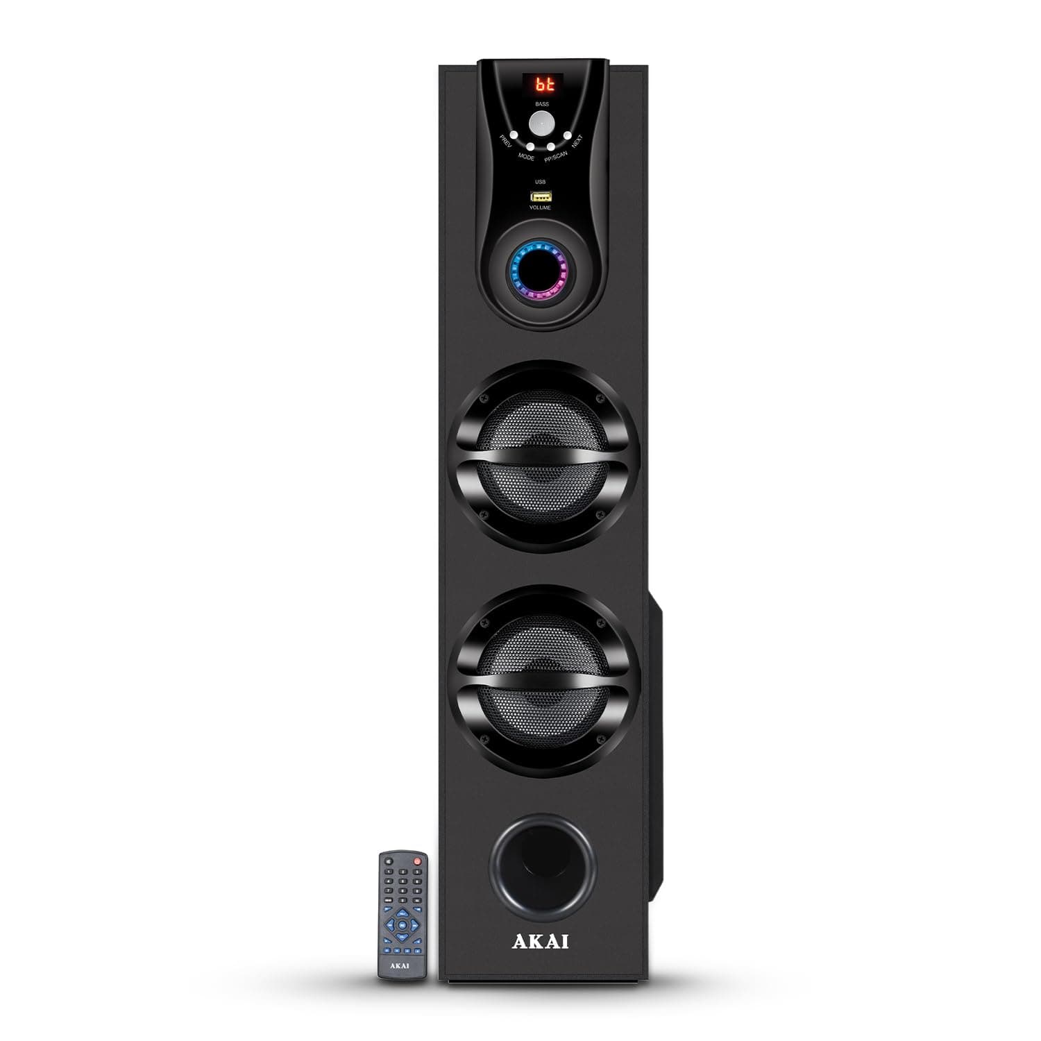 Akai HA-TS50 50W 2.0 Bluetooth Tower Speaker Wooden Cabinet Subwoofer Dual Tweeters Echo Sound Control Full Control Remote Led Display USB FM Party Sp