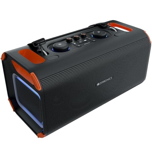 Zebronics Party Speaker, 150W, AURACAST Technology, Upto 5 Hours Playtime, 4 Drivers, BT v5.4, Wireless Mic, Mic & Guitar in, RGB, Mobile Holder, Spla...