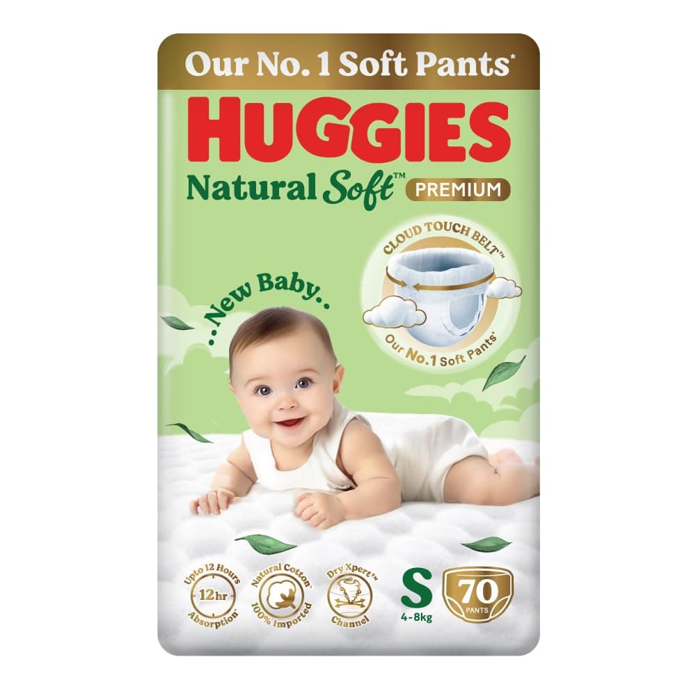 Huggies Natural Soft Premium Baby Diaper Pants, Our No.1 Soft Pants, Small (S) Size (4-8 Kgs), Pack of 70 diapers | Cloud Softness All over with India...