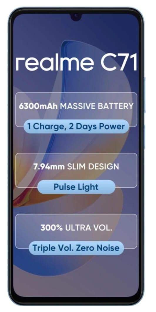 realme C71 4G Smartphone 4GB+64GB Blue, 6.745 inch Screen, 90Hz Eye Comfort Display, 6300mAh Battery, 37MP Cameras, Unisoc T7250 Chip, IP54