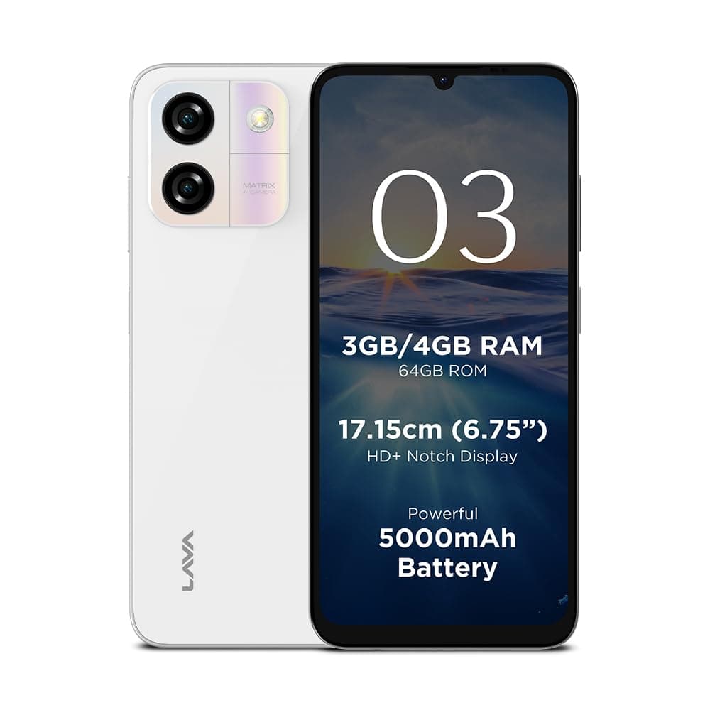 Lava O3 (Glossy White, 3 GB RAM, 64 GB Storage) | Biggest 6.75" HD+ Display | 13MP AI Dual Rear Camera | 5000 mAh Battery | Secure Face Unlock | Finge...