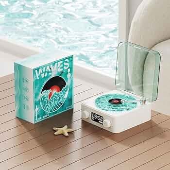 SHIKSELL Retro-Style Wireless Waves Vinyl Bluetooth Speaker, Aqua Vinyl Speaker, The Waves Vinyl Player with Ambience Light and Clock for Bedroom, Off...