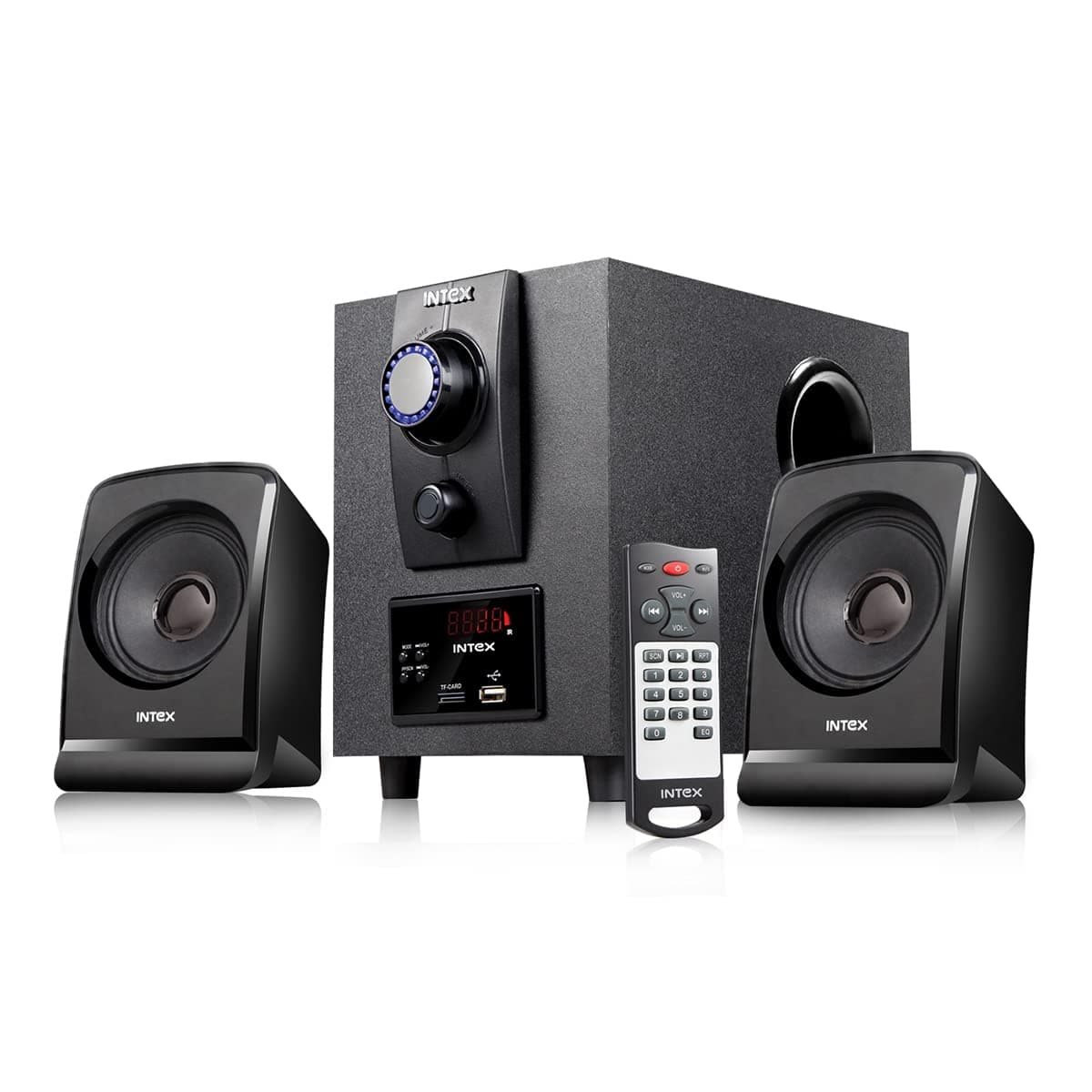 Intex Boom 1666 TUFB 2.1 Multimedia Speaker with 35W Output, Recording Feature, BT/USB/FM/AUX/TF Support, Remote Control, LED Display, Subwoofer & Satellite Speakers – Black