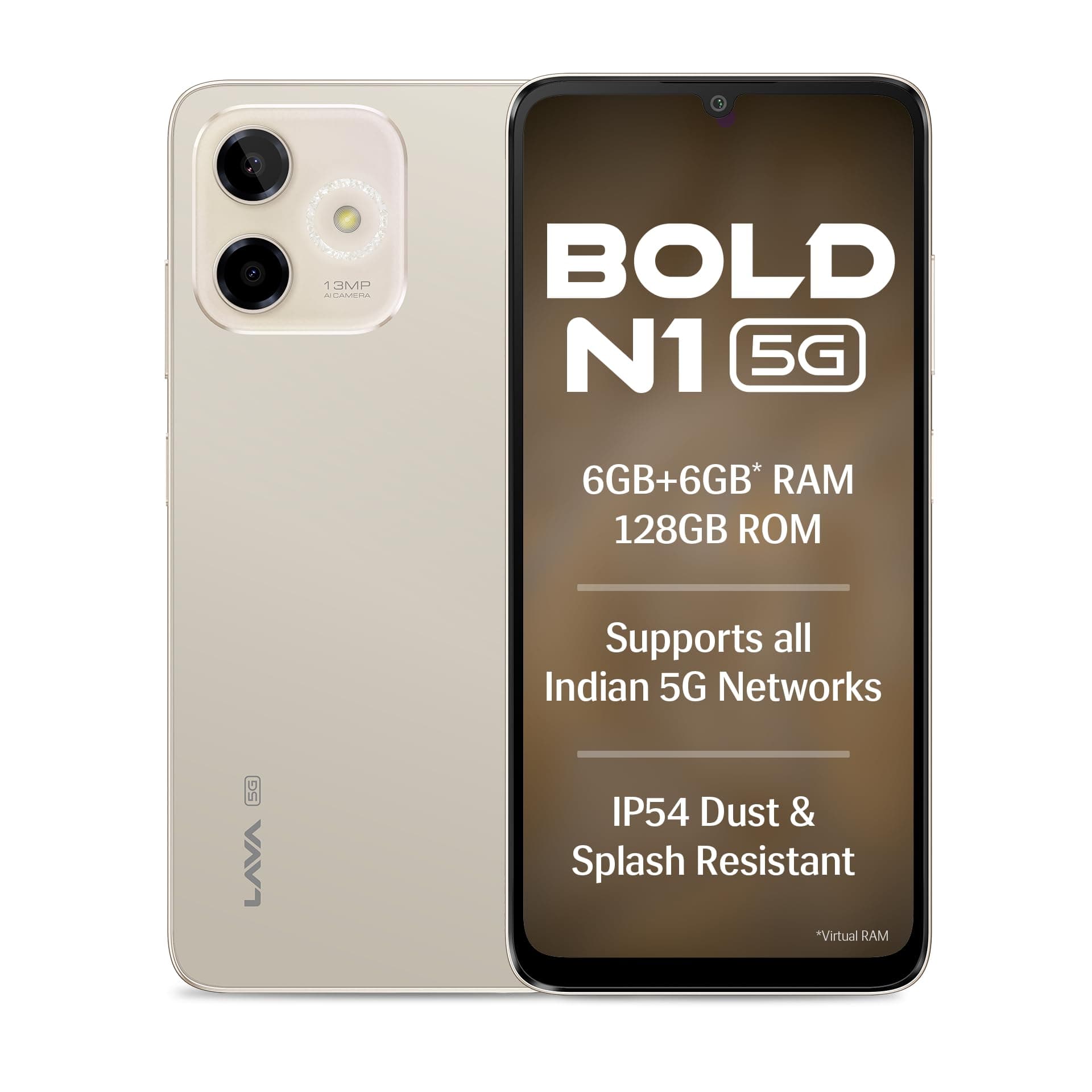 Lava Bold N1 5G (Champagne Gold, 6GB RAM, 128GB Storage) |Bigger 6.75" HD+ Notch Display | Octacore 5G Processor | 13 MP AI Camera |5000 mAh Battery| ...