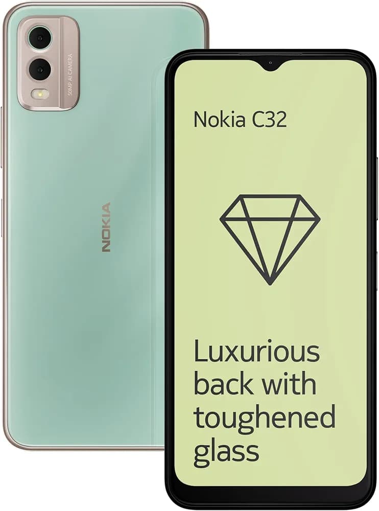 Nokia C32 with 50MP Dual Rear AI Camera | Toughened Glass Back | 4GB RAM, 64GB Storage | Upto 7GB RAM with RAM Extension | 5000 mAh Battery | 1 Year Replacement Warranty | Android 13 | Mint